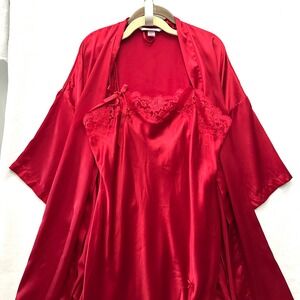 Vtg Victoria's Secret Angel L Red Satin Lace Slip and Robe Set 2005 Nighty Sleep
